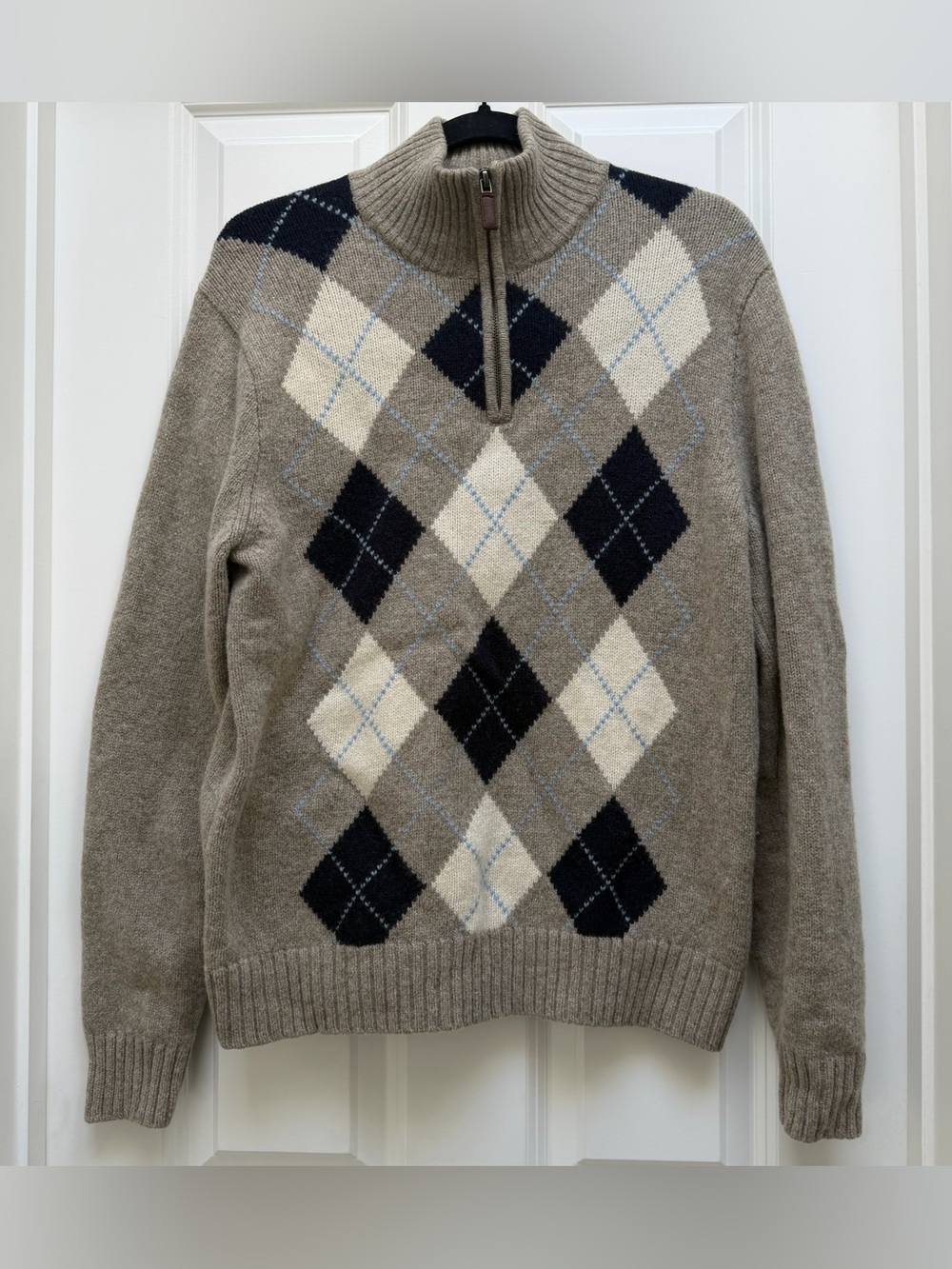 J.CREW VINTAGE LAMBSWOOL 1/4 ZIP PULLOVER SWEATER ARGYLE TAN NAVY CREAM MEDIUM